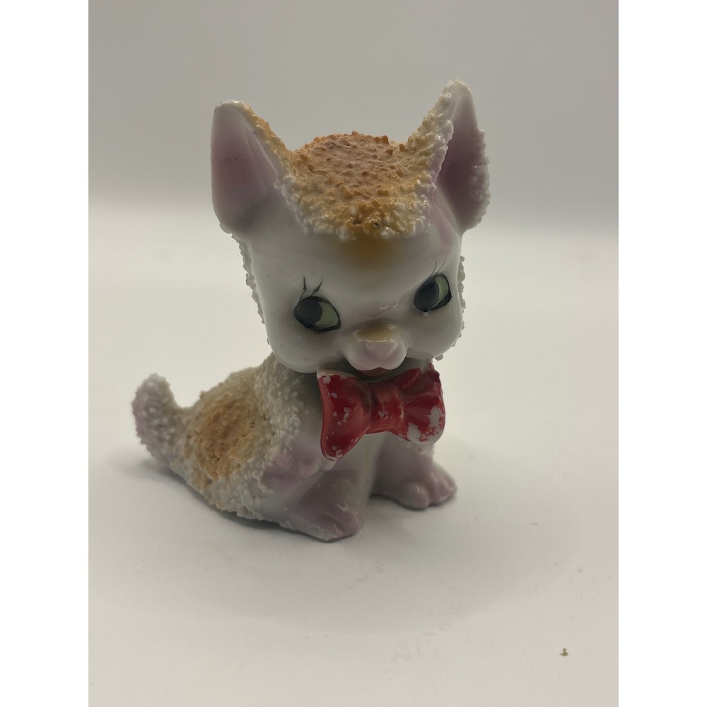Vintage Spaghetti Ceramic Dog Figurine Japan Red Bow Tie Mid Century Kitsch